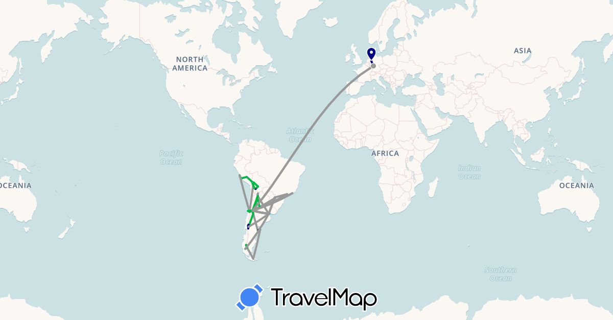 TravelMap itinerary: driving, bus, plane, cycling, hiking, boat in Argentina, Bolivia, Brazil, Chile, Germany, Peru, Uruguay (Europe, South America)